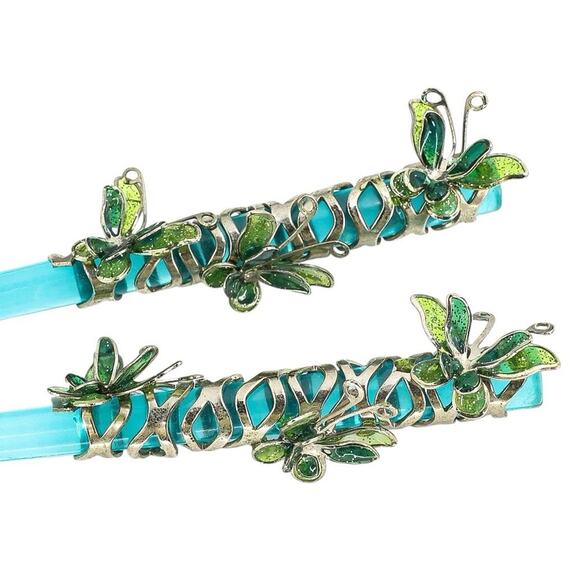 Whimsical Butterfly Floral Hair Accessories Set Blue Green Hair Sticks Claw Clip - Picture 5 of 12